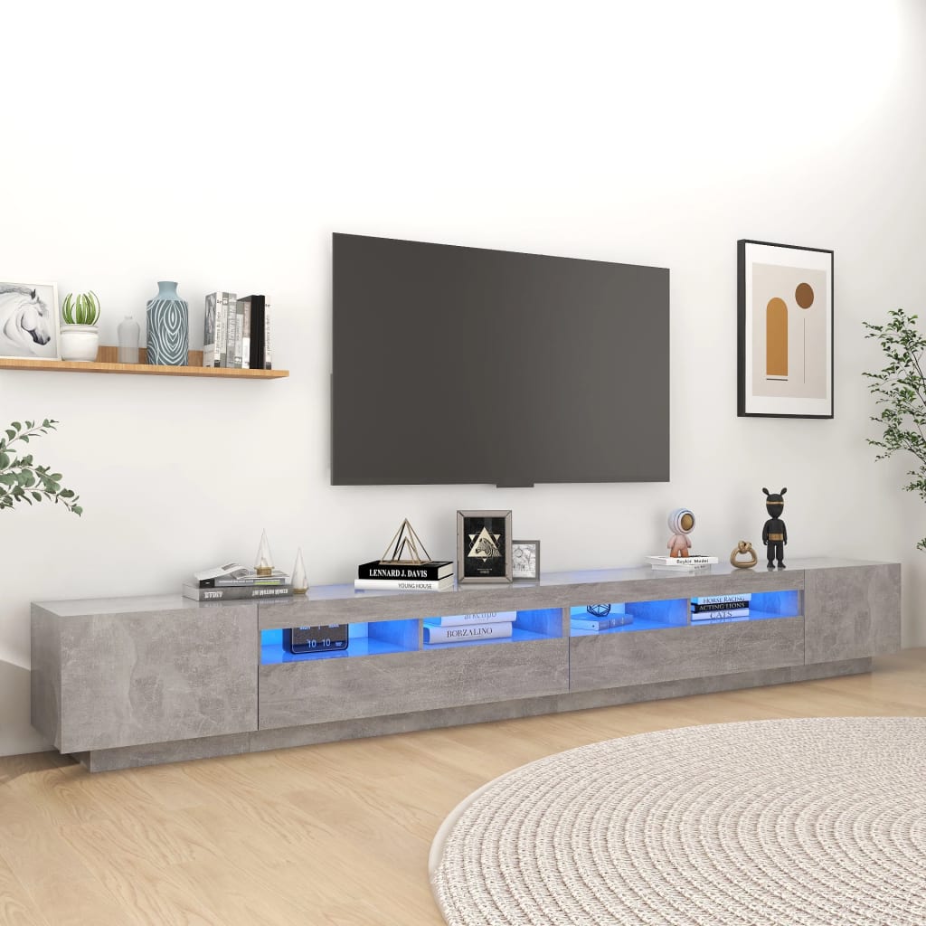 vidaXL Comodă TV cu lumini LED, gri beton, 300x35x40 cm