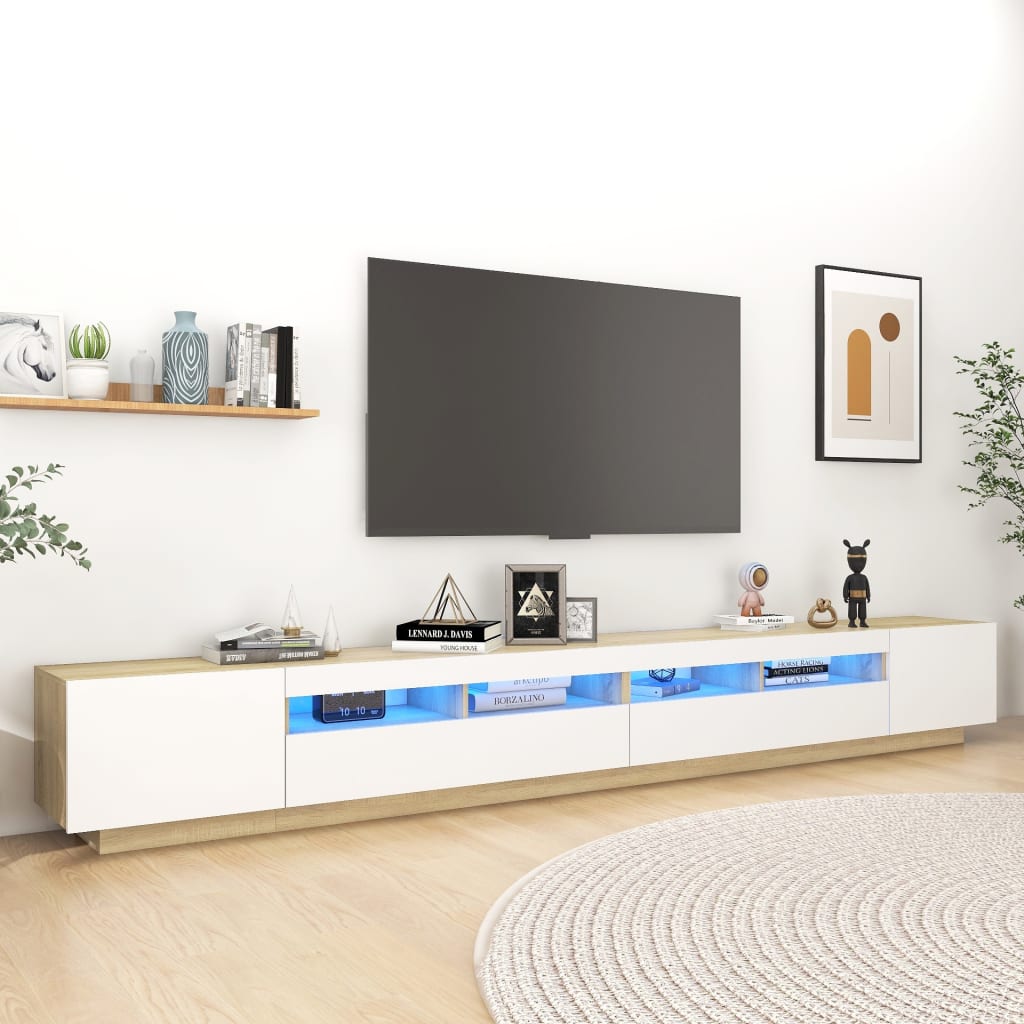 vidaXL TV-taso LED-valoilla valkoinen ja Sonoma-tammi 300x35x40 cm