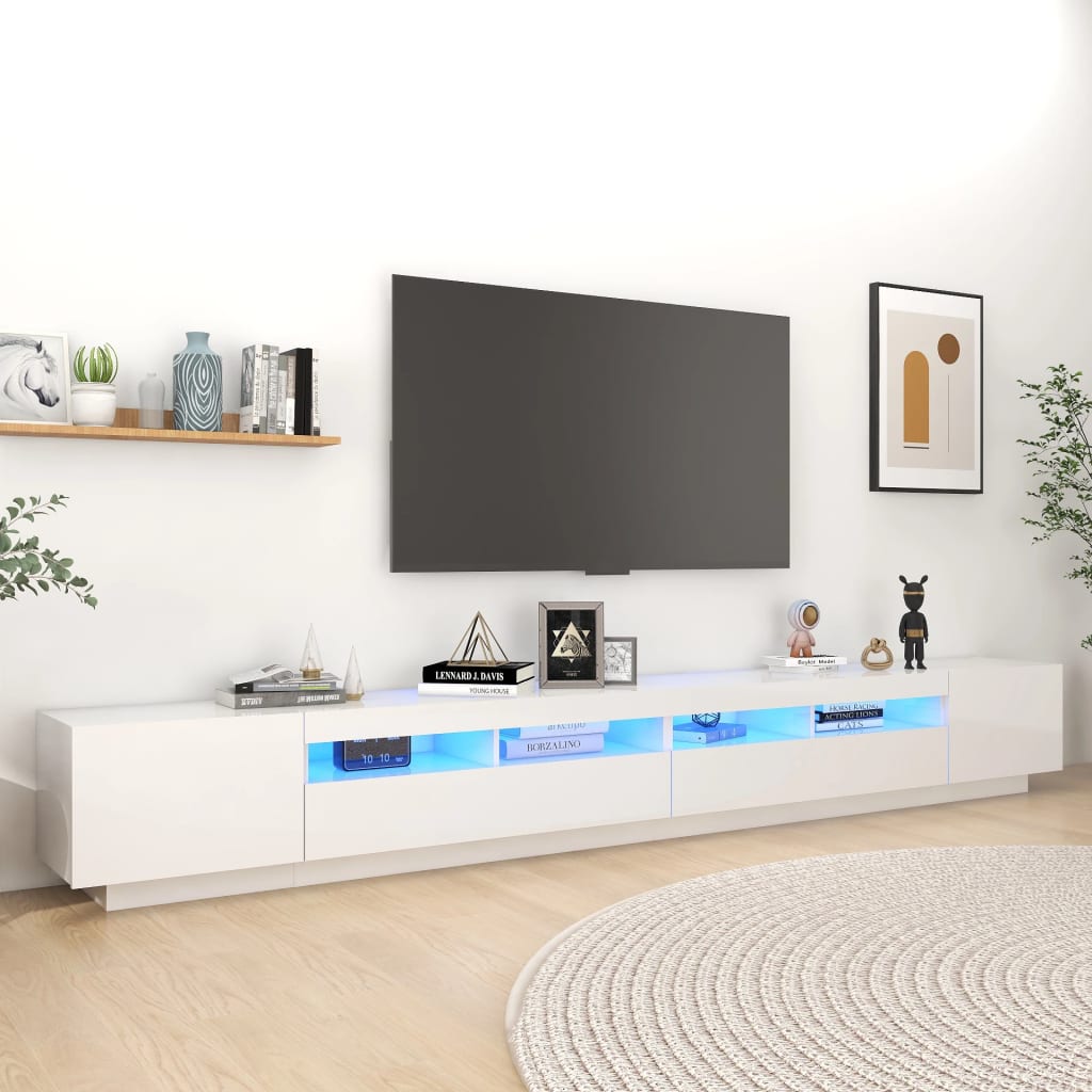 vidaXL Comodă TV cu lumini LED, alb extra lucios, 300x35x40 cm