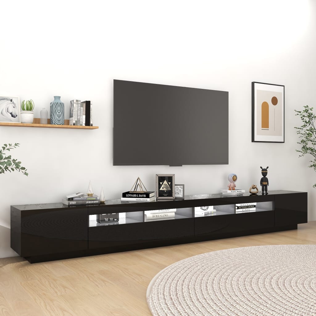 vidaXL TV skrinka s LED svetlami lesklá čierna 300x35x40 cm