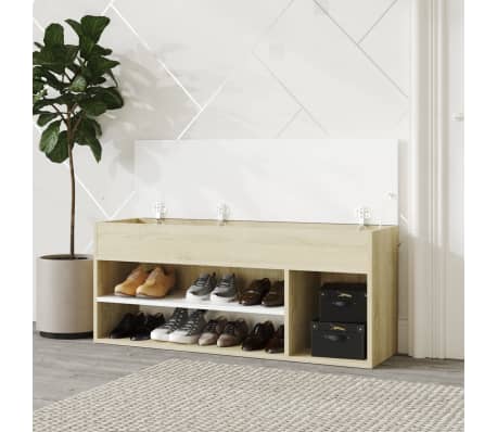 vidaXL Batų suoliukas, baltos ir ąžuolo spalvos, 105x30x45cm, MDP