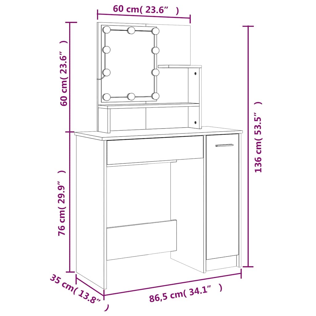 Toaletní stolek s LED bílý 86,5 x 35 x 136 cm - obrázek 16
