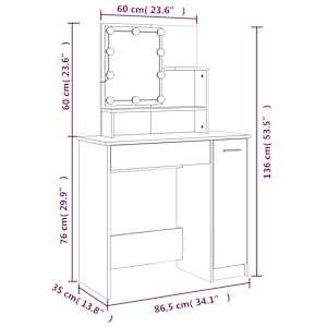 Toaletní stolek s LED dub sonoma 86,5 x 35 x 136 cm - obrázek 17