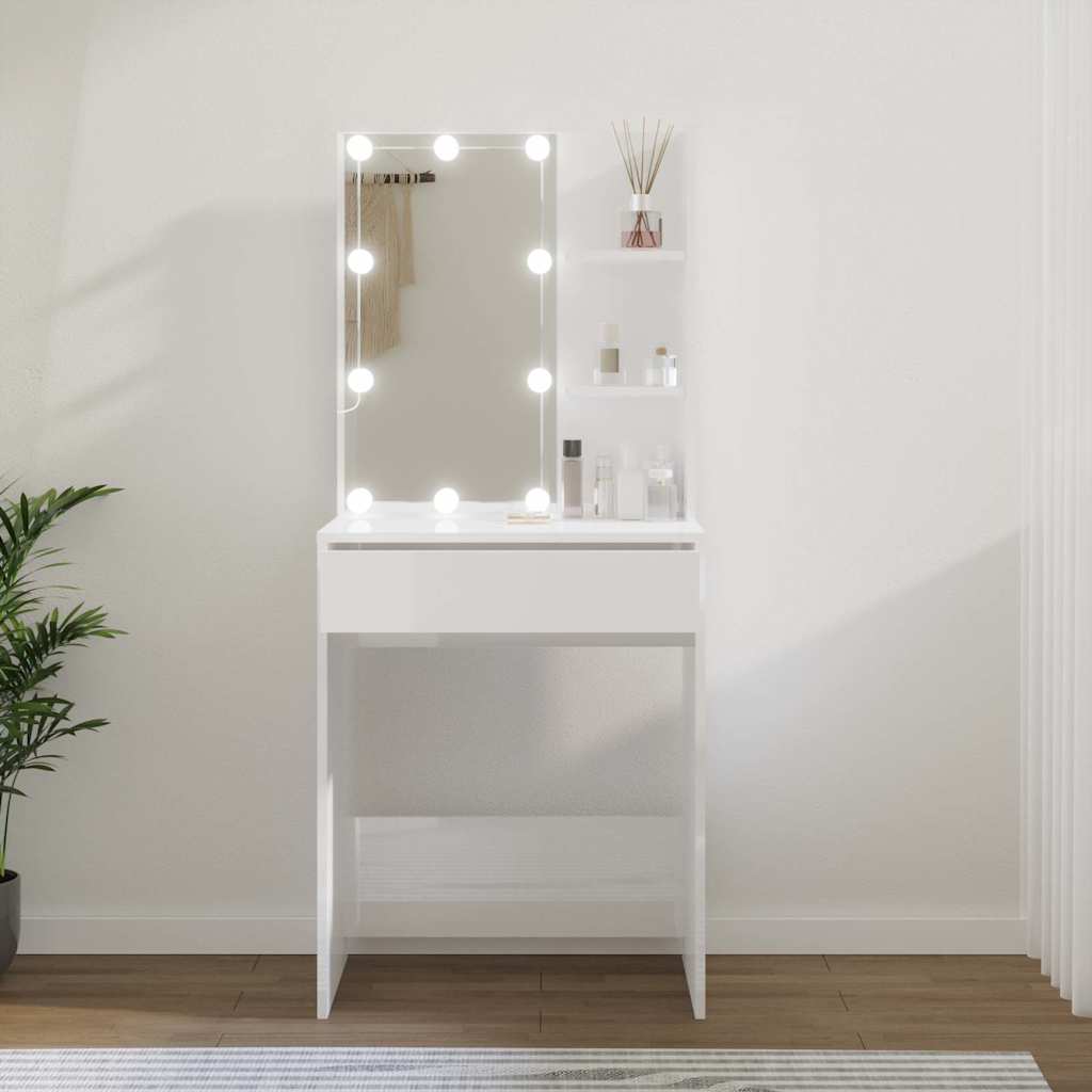 vidaXL Toaletka z owietleniem LED, biaa z poyskiem, 60x40x140 cm