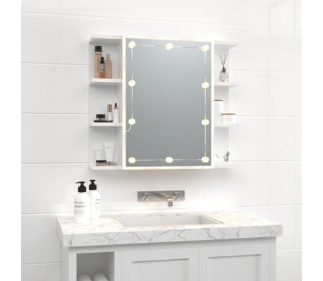vidaXL Огледален шкаф с LED, бял гланц, 70x16,5x60 см
