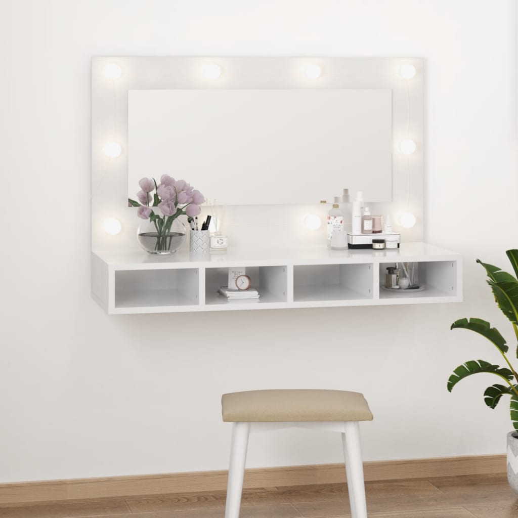 Spiegelschrank mit LED Hochglanz-Weiß 90×31,5×62 cm