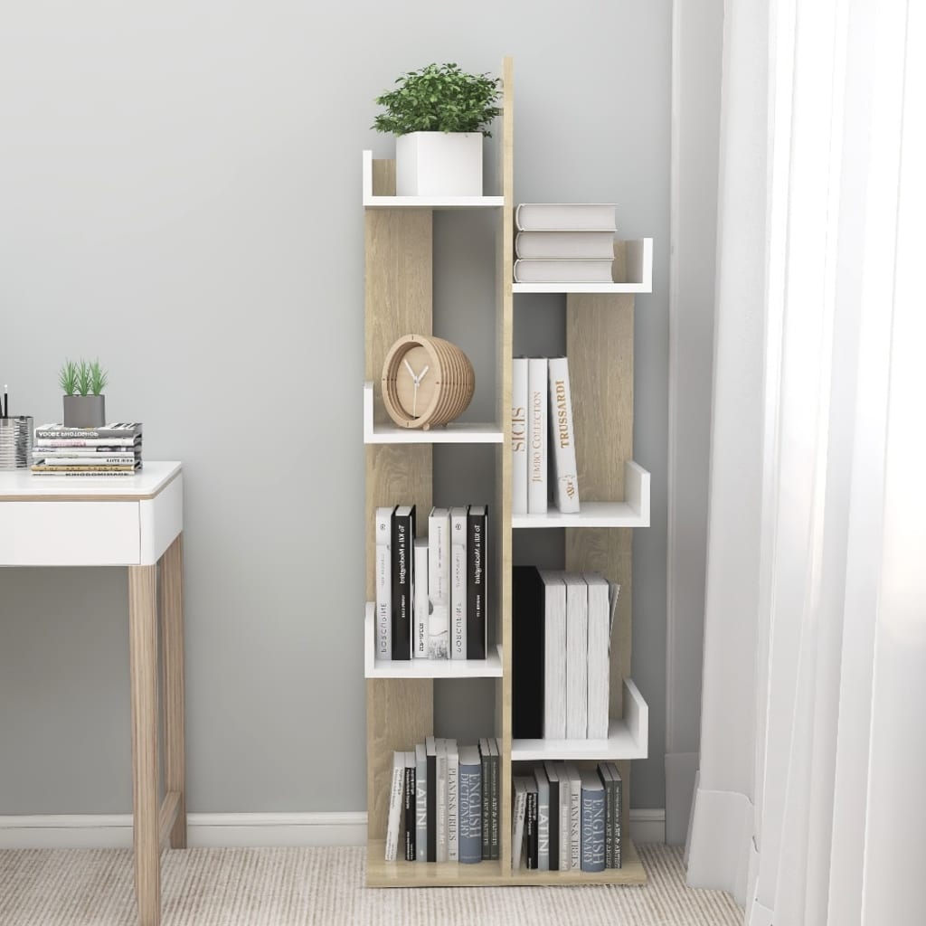 vidaXL Book Cabinet White and Sonoma Oak 48x25.5x140 cm Engineered Wood