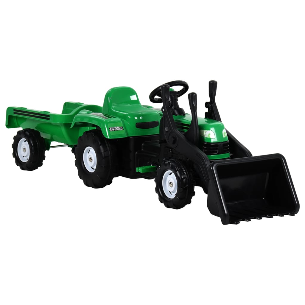 Dětský šlapací traktor s přívěsem a nakladačem zelený a černý