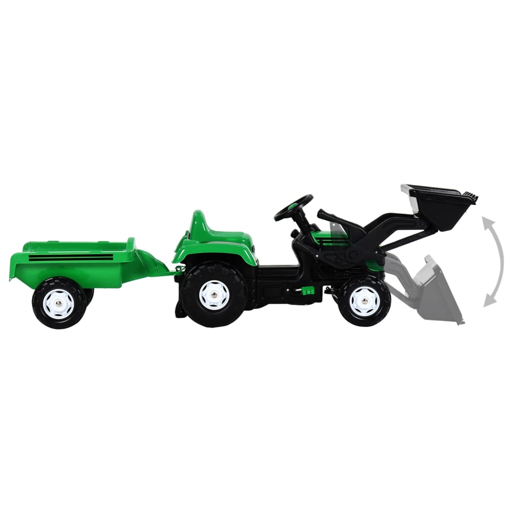 Zöld és fekete pedálos gyerektraktor pótkocsival és rakodóval 