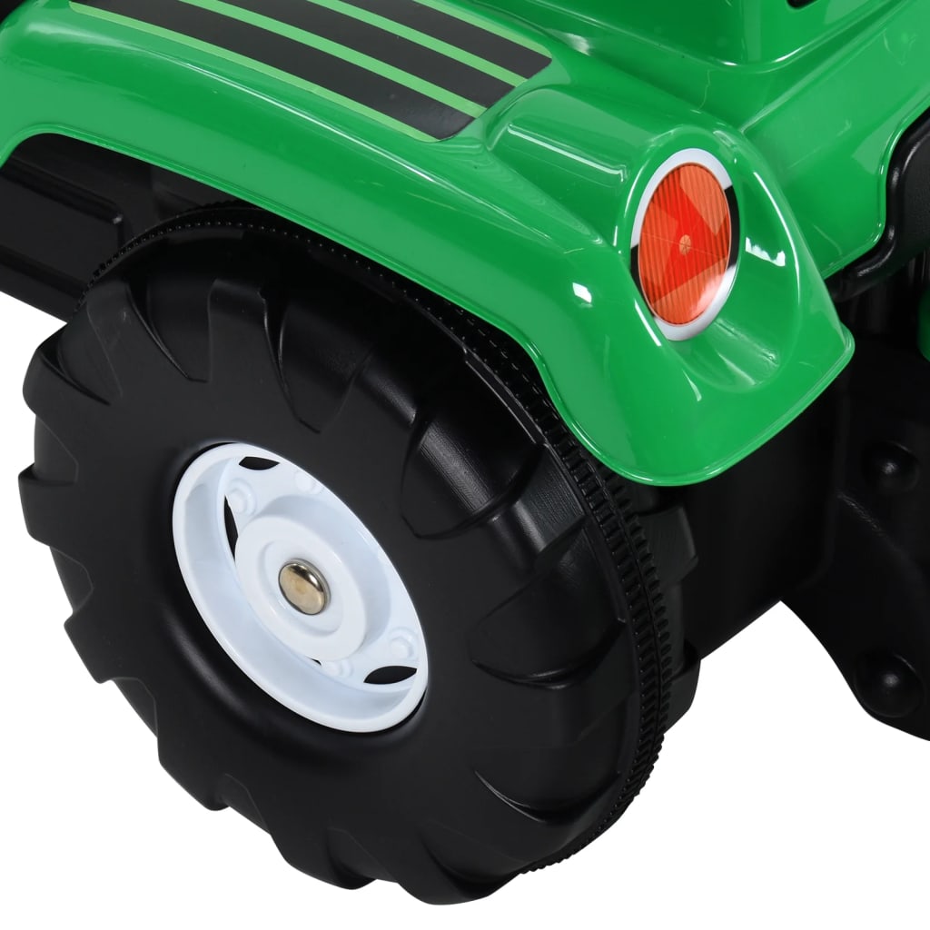 Zöld és fekete pedálos gyerektraktor pótkocsival és rakodóval 