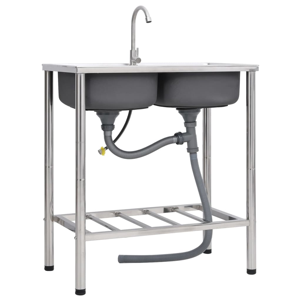 Évier de camping Double lavabo avec robinet Acier inoxydable