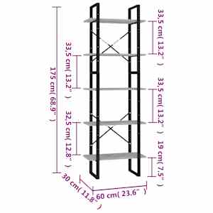 Knihovna s 5 policemi betonově šedá 60 x 30 x 175 cm kompozit - obrázek 6
