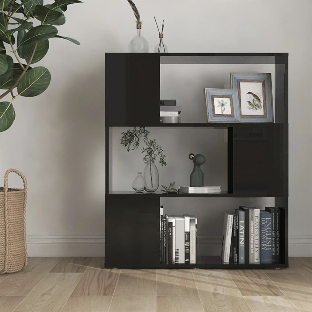 vidaXL Book Cabinet Room Divider High Gloss Black 80x24x94cm Engineered Wood