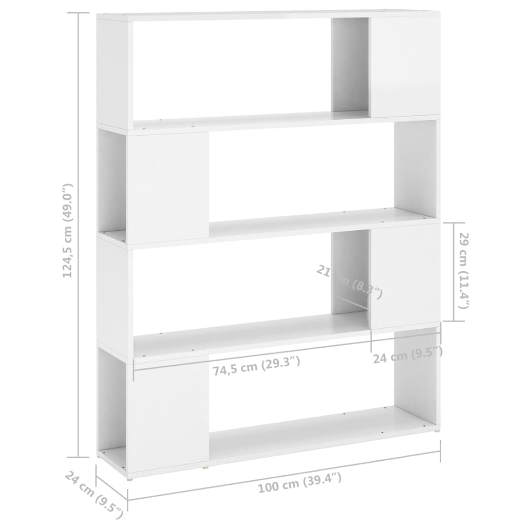 Bibliotecă/Separator cameră, alb extralucios, 100x24x124 cm