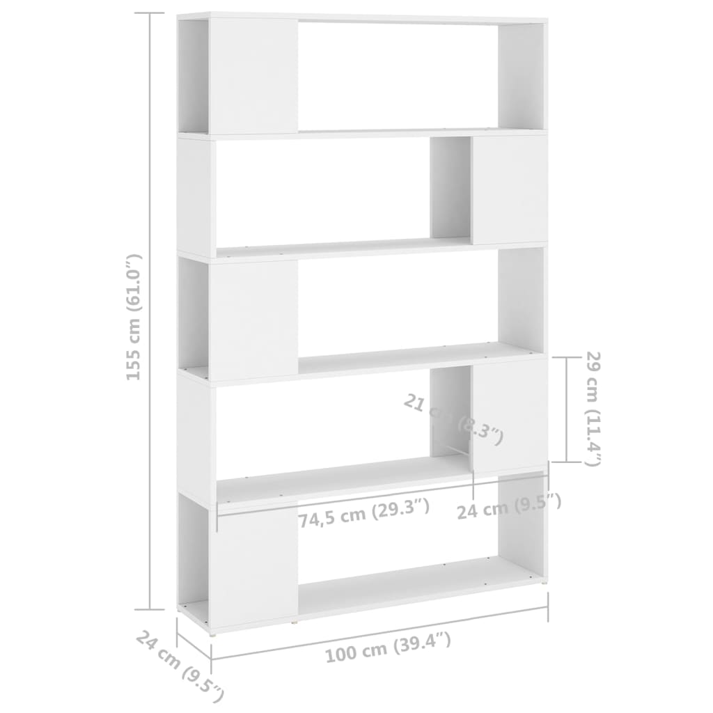 Bibliotecă/Separator cameră, alb, 100x24x155 cm, PAL