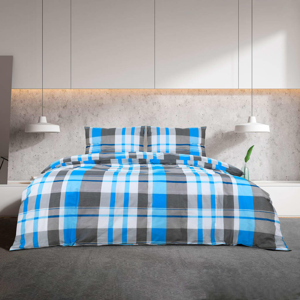 vidaXL Комплект спално бельо, синьо и сиво, 140x200 см, памук