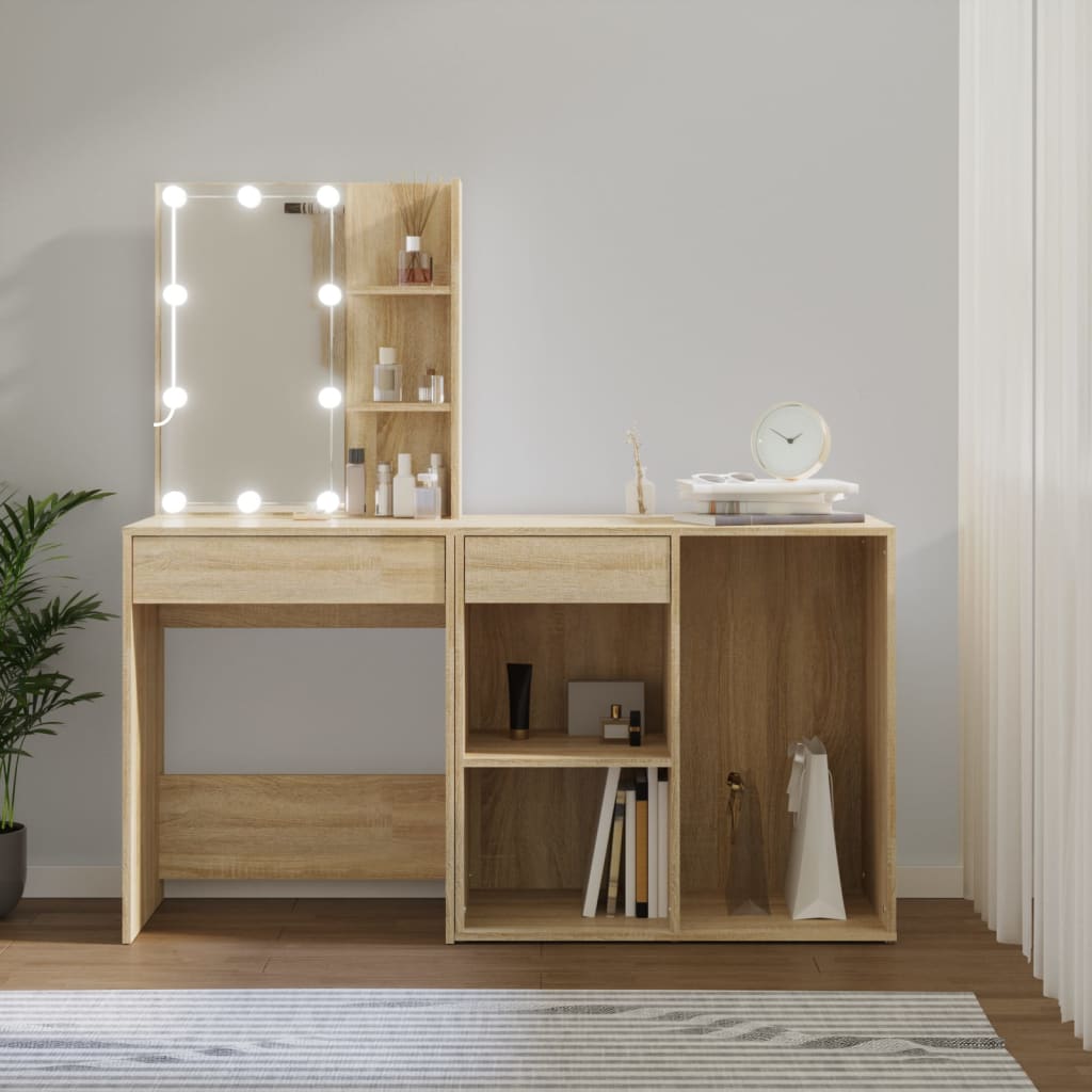 vidaXL Măsuță de toaletă cu LED și dulap, stejar sonoma lemn prelucrat vidaXL imagine noua 2022