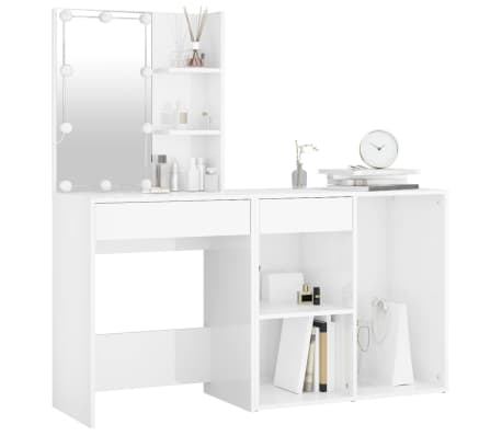 vidaXL LED-Schminktisch mit Schrank Hochglanz-Wei&szlig; Holzwerkstoff