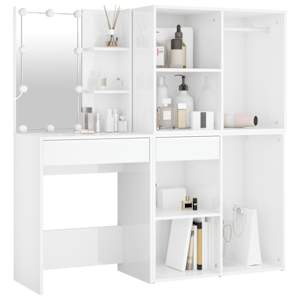 vidaXL LED-Schminktisch mit 2 Schr&auml;nken Hochglanz-Wei&szlig; Holzwerkstoff