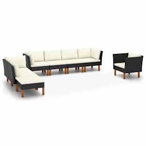 Vrtna sedežna garnitura 8-delna poli ratan in evkaliptus črna