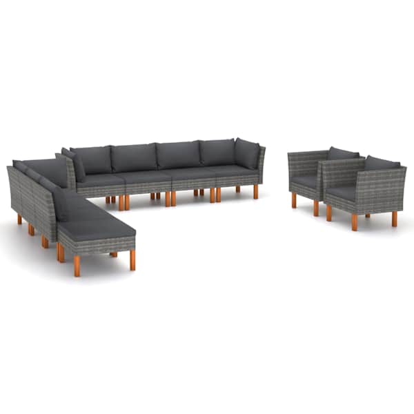 vidaXL 10-osaline aiadiivani komplekt, pol&uuml;rotang, eukal&uuml;ptipuit, hall