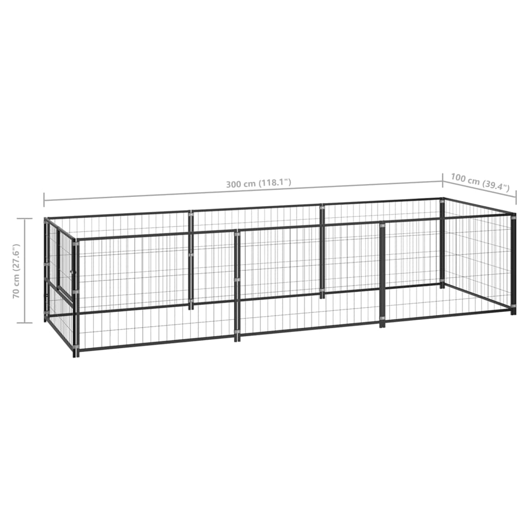 Chenil d'extérieur en acier noir pour chien - Panneaux à mailles - 300 x 100 x 70 cm - 3 m²