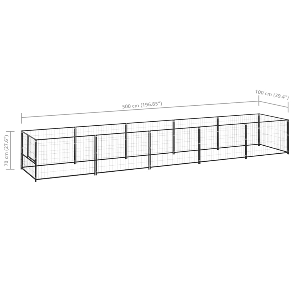 Chenil d'extérieur en acier noir pour chien - Panneaux à mailles - 500 x 100 x 70 cm - 5 m²