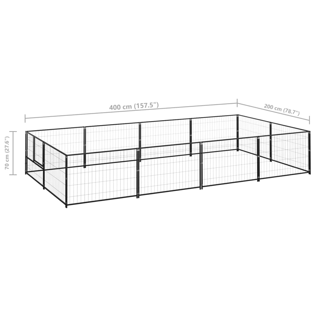 Chenil d'extérieur en acier noir pour chien - Panneaux à mailles - 400 x 200 x 70 cm - 8 m²