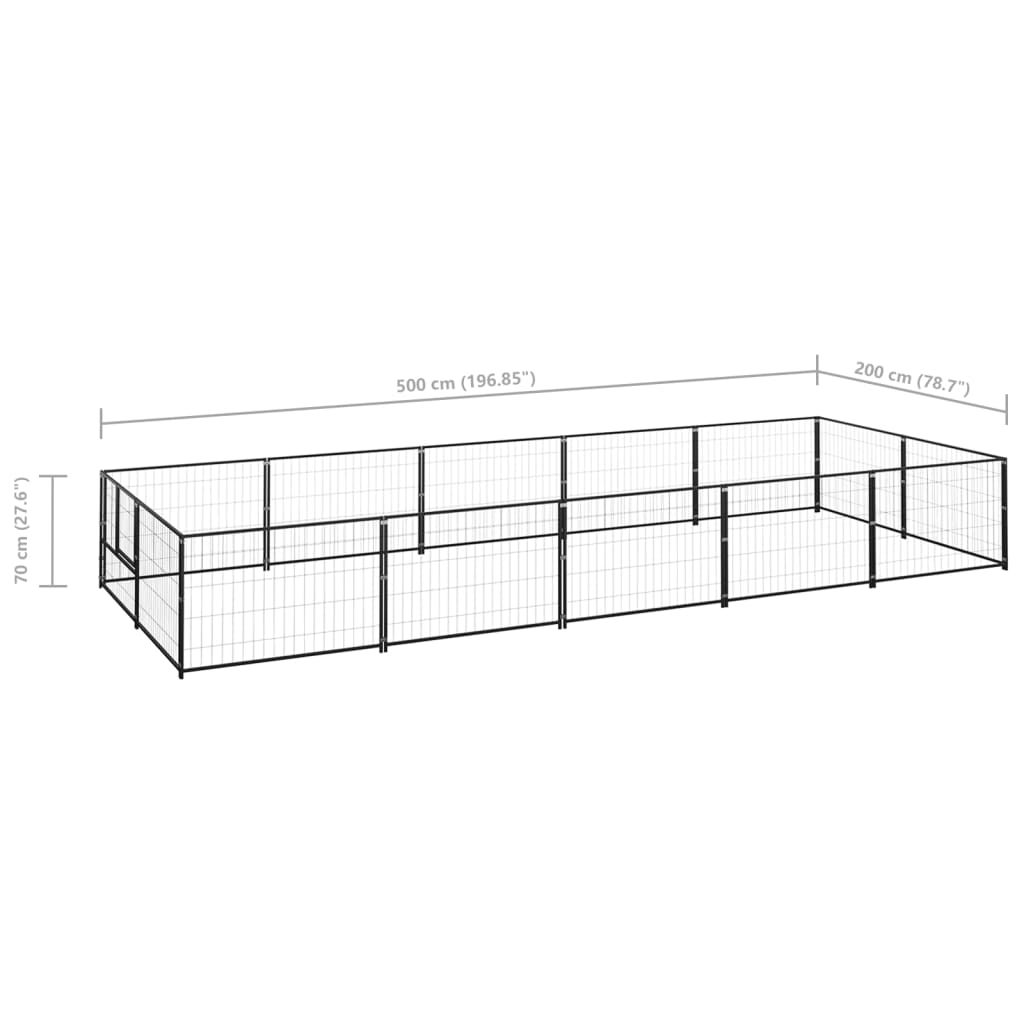 Chenil d'extérieur en acier noir pour chien - Panneaux à mailles - 500 x 200 x 70 cm - 10 m²