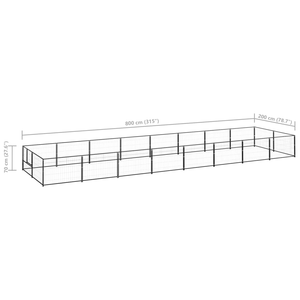 Chenil d'extérieur en acier noir pour chien - Panneaux à mailles - 800 x 200 x 70 cm - 20 m²