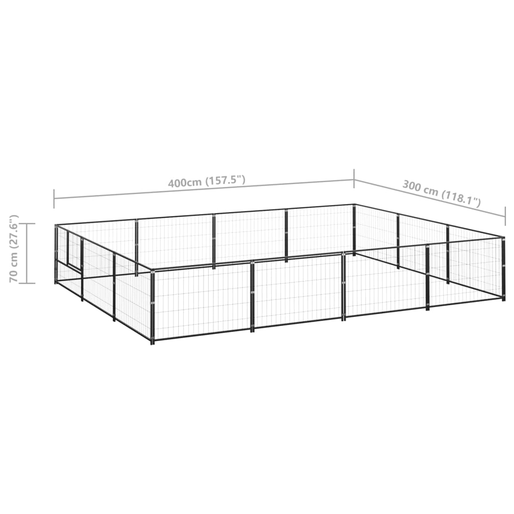 Chenil d'extérieur en acier noir pour chien - Panneaux à mailles - 400 x 300 x 70 cm - 10 m²