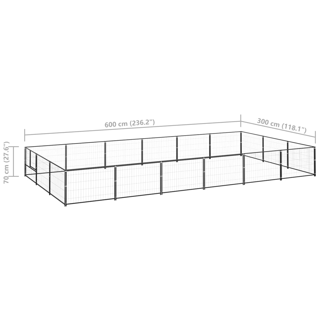 Chenil d'extérieur en acier noir pour chien - Panneaux à mailles - 600 x 300 x 70 cm - 20m²