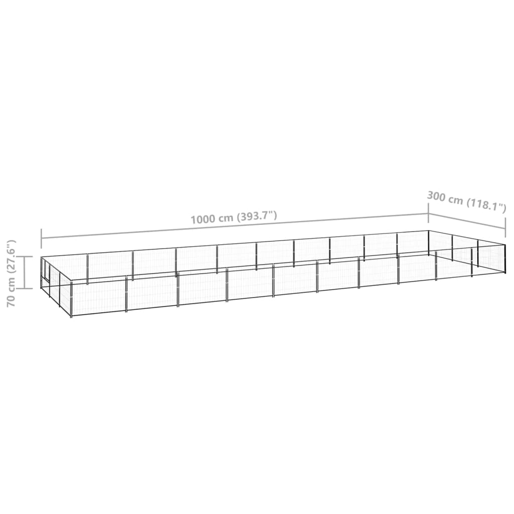 Chenil d'extérieur en acier noir pour chien - Panneaux à mailles - 1000 x 300 x 70 cm - 30 m²