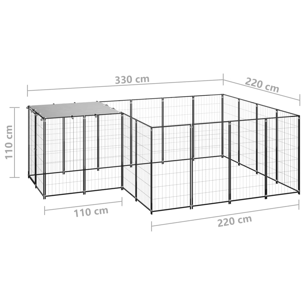 Chenil d'extérieur en acier noir pour chien - Panneaux à mailles- 330 x 220 x 110 cm - 6 m²