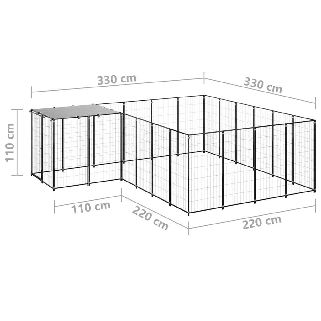 Chenil d'extérieur en acier noir pour chien - Panneaux à mailles- 330 x 330 x 110 cm - 8 m²
