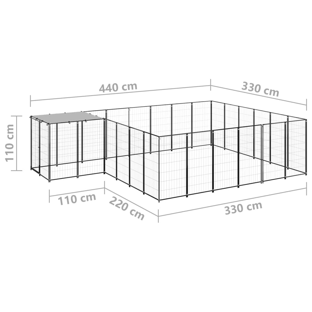 Chenil d'extérieur en acier noir pour chien - Panneaux à mailles - 440 x 330 x 110 cm - 12 m²