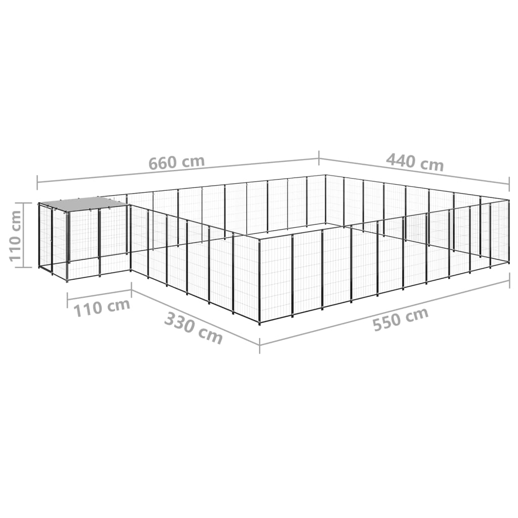 Chenil d'extérieur en acier noir pour chien - Panneaux à mailles - 660 x 440 x 110 cm - 25 m²