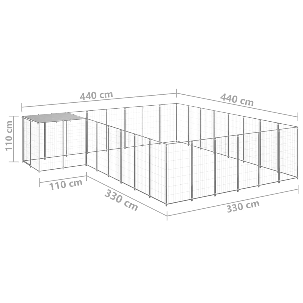 Chenil d'extérieur en acier galvanisé pour chien - Panneaux à mailles - 440 x 440 x 110 cm - 16 m²