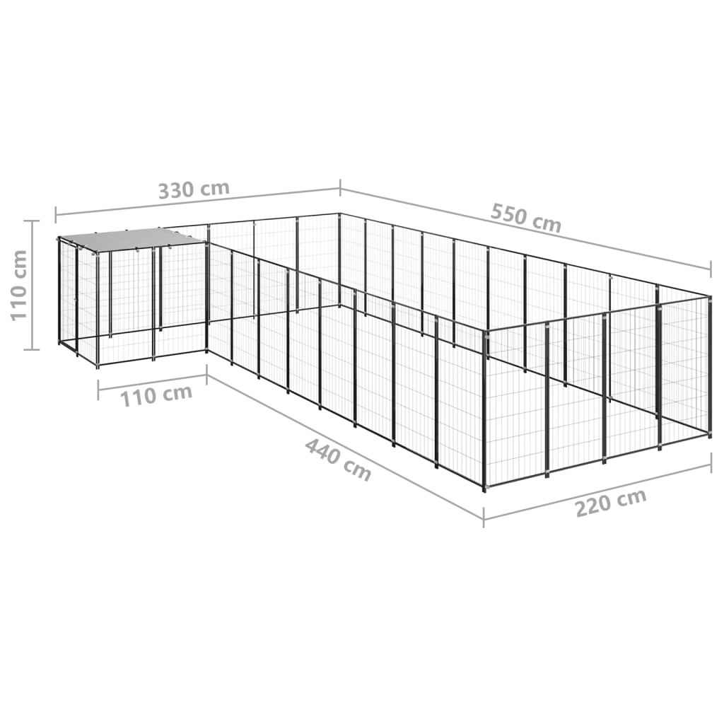 Chenil d'extérieur en acier noir pour chien - Panneaux à mailles - 330 x 550 x 110 cm - 13 m²