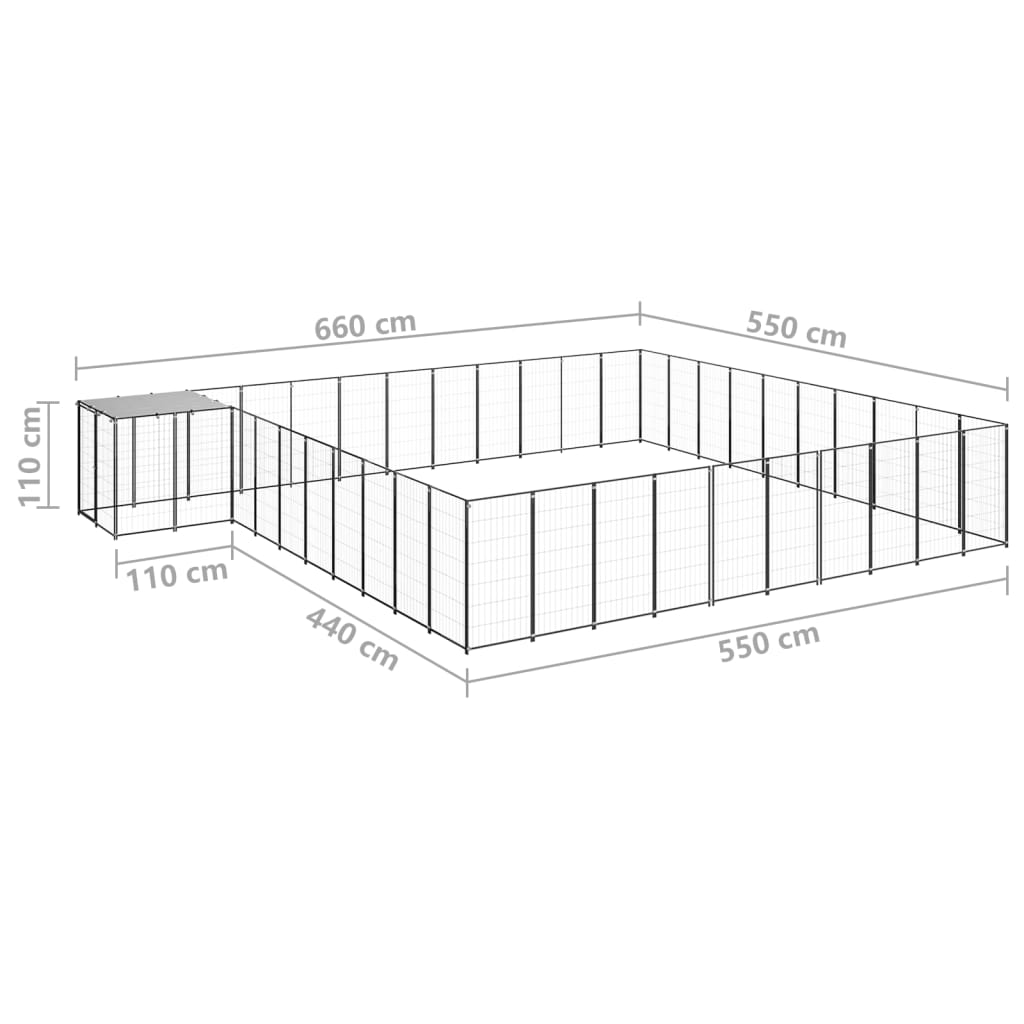Chenil d'extérieur en acier noir pour chien - Panneaux à mailles - 660 x 550 x 110 cm - 31 m²