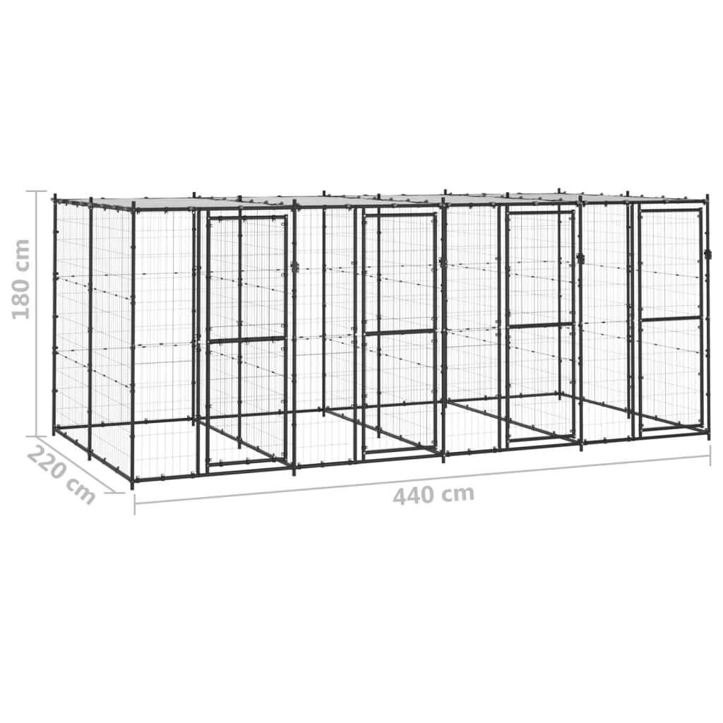 Chenil d’extérieur en acier noir avec toit pour chien – 4 chenils individuels - Panneaux à mailles – 440 x 220 x 180 cm – 10 m²