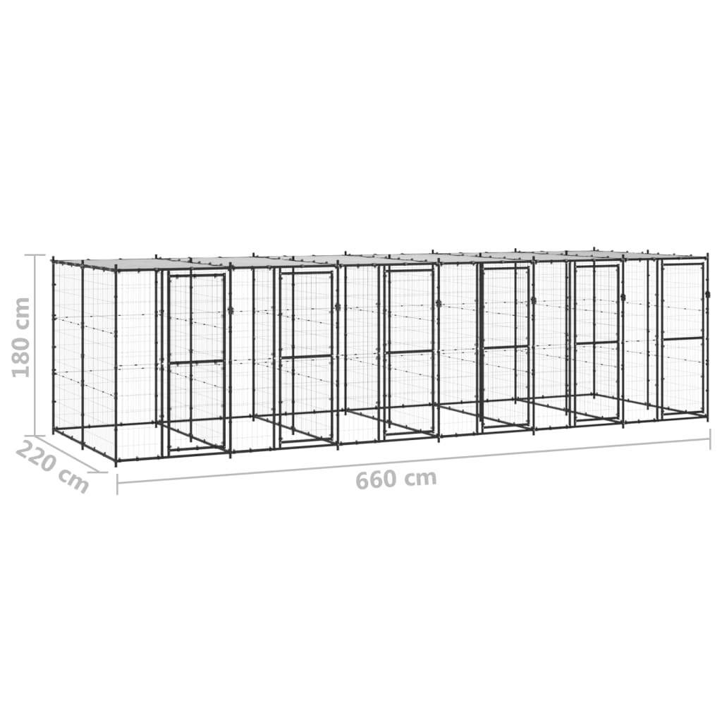 Chenil d’extérieur en acier noir avec toit pour chien – 6 chenils individuels - Panneaux à mailles – 660 x 220 x 180 cm - 15 m²