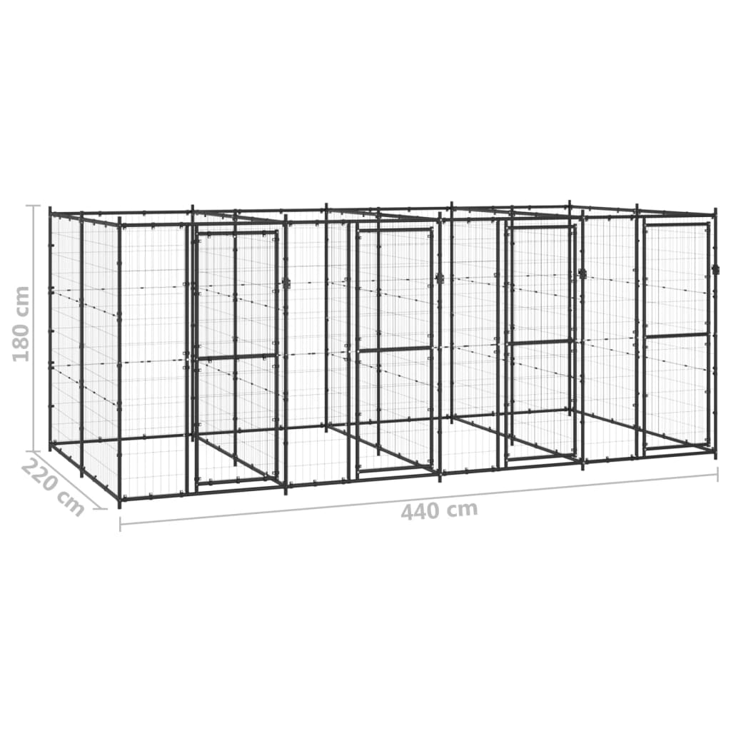 Chenil d’extérieur en acier noir pour chien – 4 chenils individuels - Panneaux à mailles – 440 x 220 x 180 – 10 m²