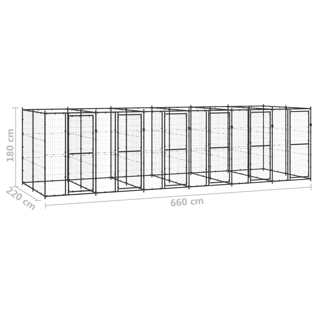 Chenil d’extérieur en acier noir pour chien – 6 chenils individuels - Panneaux à mailles – 660 x 220 x 180 cm - 15 m²