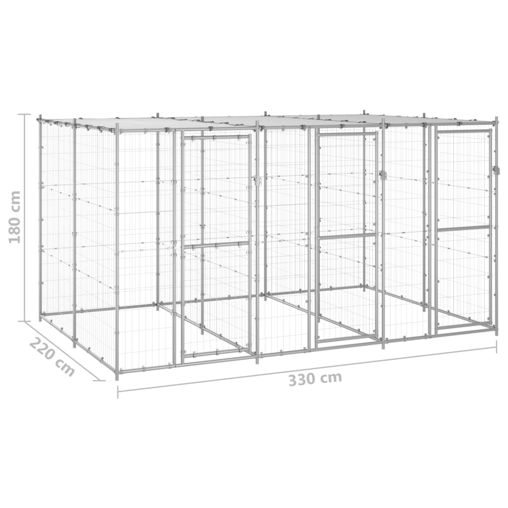 Chenil d’extérieur en acier galvanisé pour chien – 3 chenils individuels - Panneaux à mailles – 330 x 220 x 180 cm – 7 m²