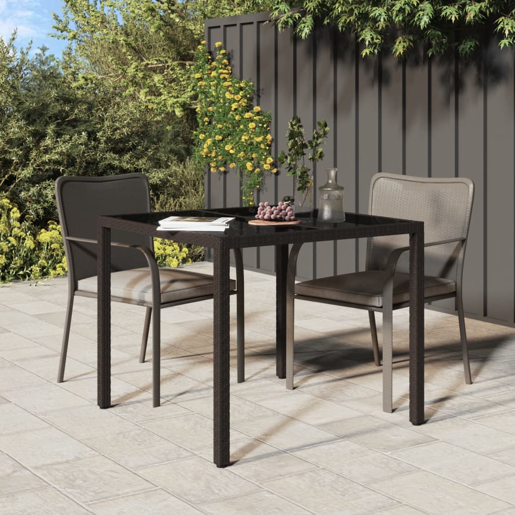 vidaXL havebord 90x90x75 cm hærdet glas og polyrattan brun