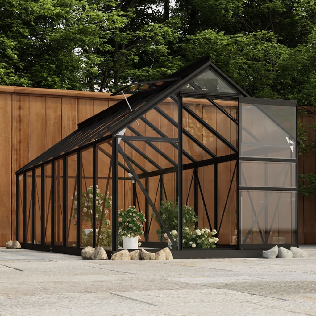 Skleněný skleník antracitový 155 x 395,5 x 191 cm hliník