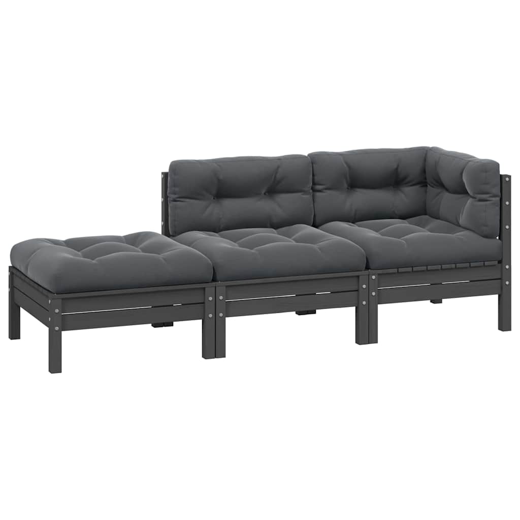 vidaXL 3 pcs conj. lounge jardim c/ almofadões pinho maciço cinzento