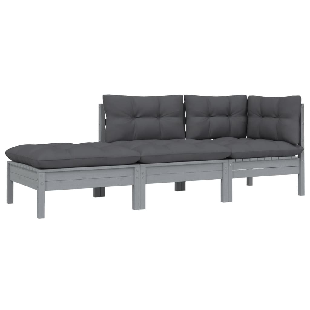 

vidaXL 3-delige Loungeset met kussens massief grenenhout grijs