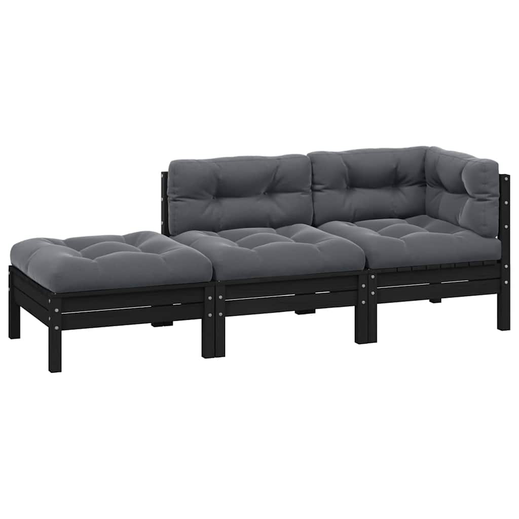 vidaXL Set mobilier grădină cu perne, 3 piese, negru, lemn masiv pin